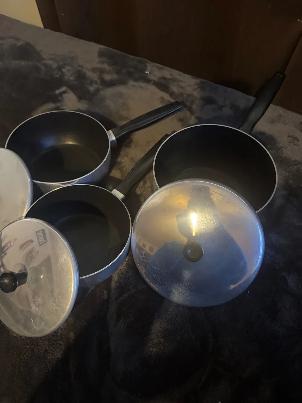 Vintage WearEver 3 Piece Aluminum Saucepan Set Black Handles with Lids